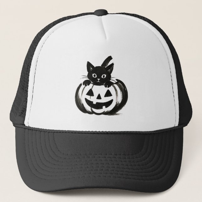Boné Abóbora Peek – Design de Halloween de Gato Preto e (Frente)