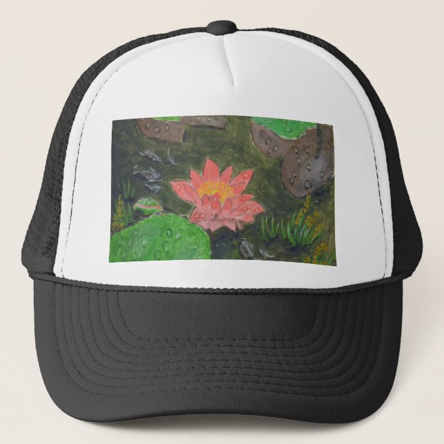 Boné acrílico na canvas, flor de lírio de água rosa (Frente)