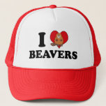 Boné Adoro Beavers Engraçado<br><div class="desc">Este chapéu engraçado de castor lê: "Eu amo castores de preto com um castor de desenho bonitinho sobre o coração vermelho." Um boné de mascote para uma escola com senso de humor.</div>