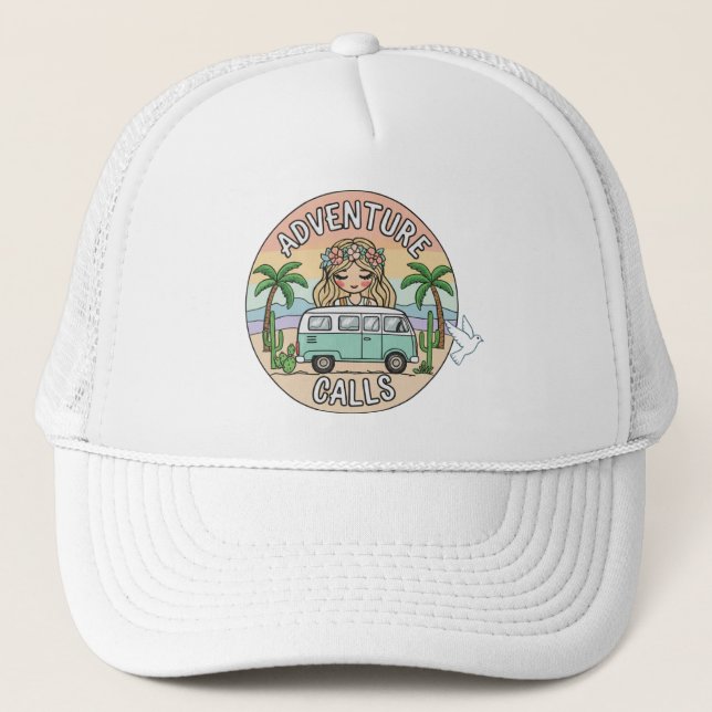 Boné Adventure Calls Boho Camper Trucker Hat (Frente)