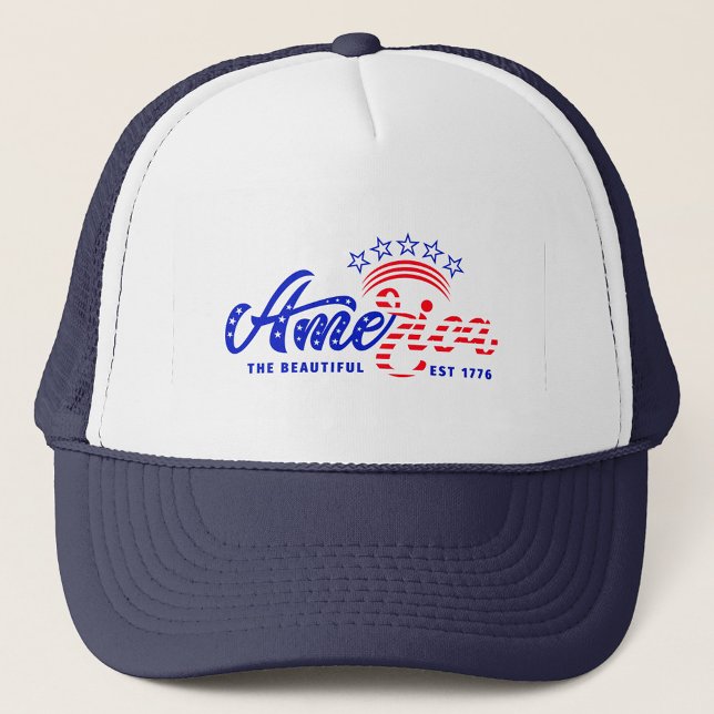 Boné América Trucker Hat ( A vibrant design that reads 'America the Beautiful' with stars and stripes. )