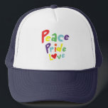 Boné Amor do Orgulho da Paz<br><div class="desc">Mostre seu orgulho nesta boné divertida e na moda com uma bela inscrição do "Amor do Orgulho da Paz" em cores do arco-íris.</div>