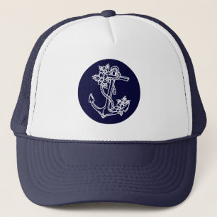 Boné Âncora de barco náutica floral azul e branca