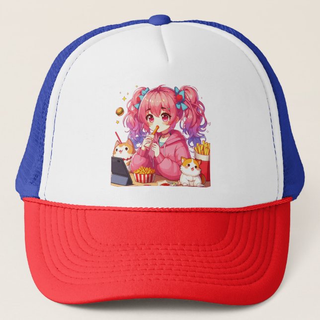 Boné Anime Bliss: Garota, Batatas e Pet (Frente)