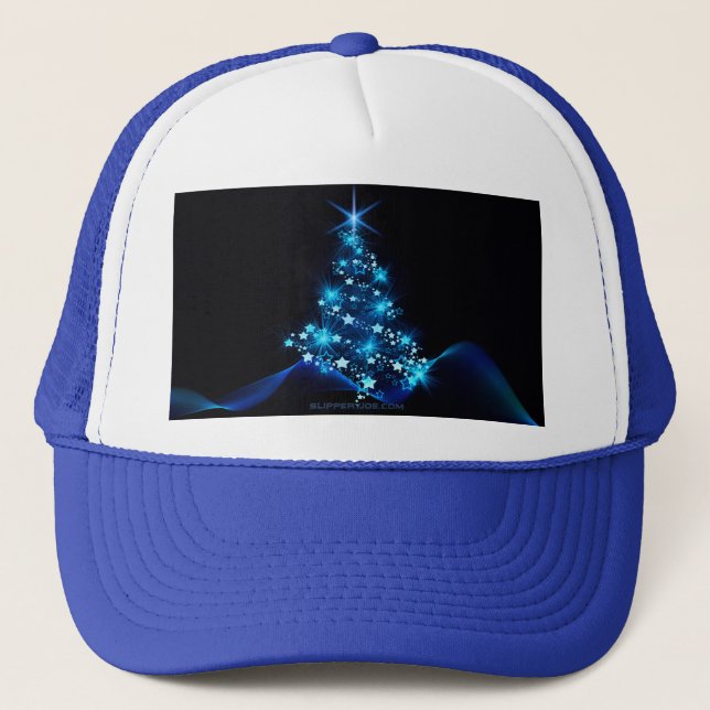 Boné árvore de Natal estilizada SlipperyJoe azul brilha (Frente)