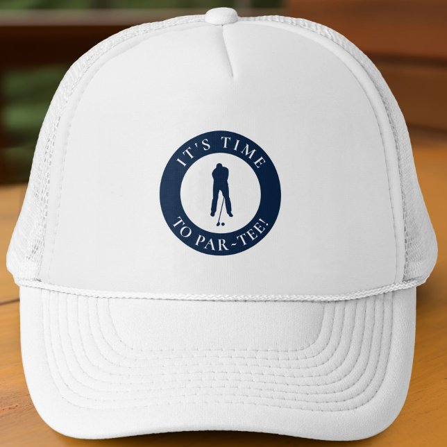 Boné Azul Marinho É Hora de Par-Tee Humorístico de Golf (Navy Blue Its Time to Par Tee Humorous Golf Trucker Hat For Him)