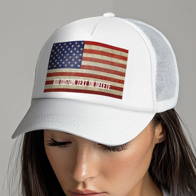 Boné Bandeira Americana desgastada e distressada (Custom Trucker Hat with Custom Text)