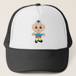 Boné Bebê elfo fofo e feliz em roupas azuis e amarelas