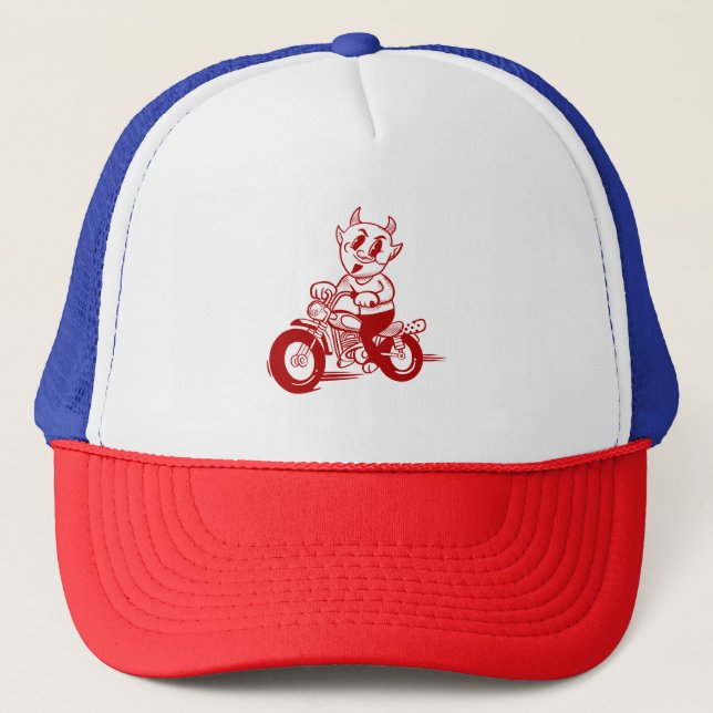 Boné Biker Cartoon Trucker Hat - Vermelho, Branco e Azu (Frente)