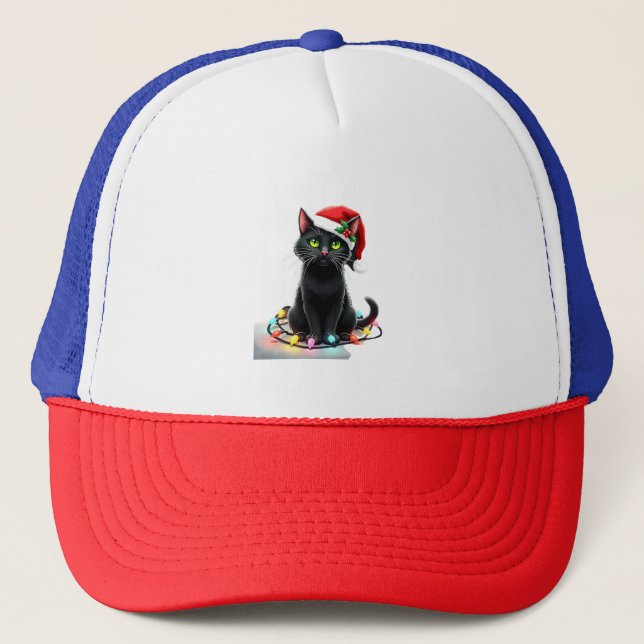 Boné Black Cat Christmas Lights Santa Hat Funny Xmas Ca (Frente)