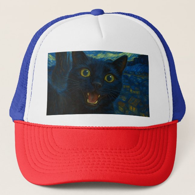 Boné Black Cat Starry Night Van Gogh Cat Selfie (Frente)