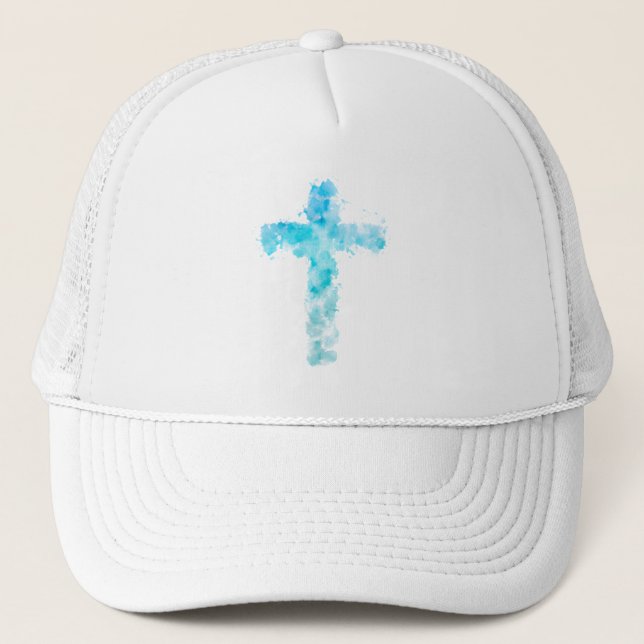 Boné Blue Watercolor Christian Cross Baptism (Frente)