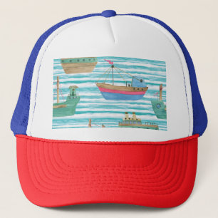 Boné Boats Stripes: Padrão De Pintura Por Aquarela.