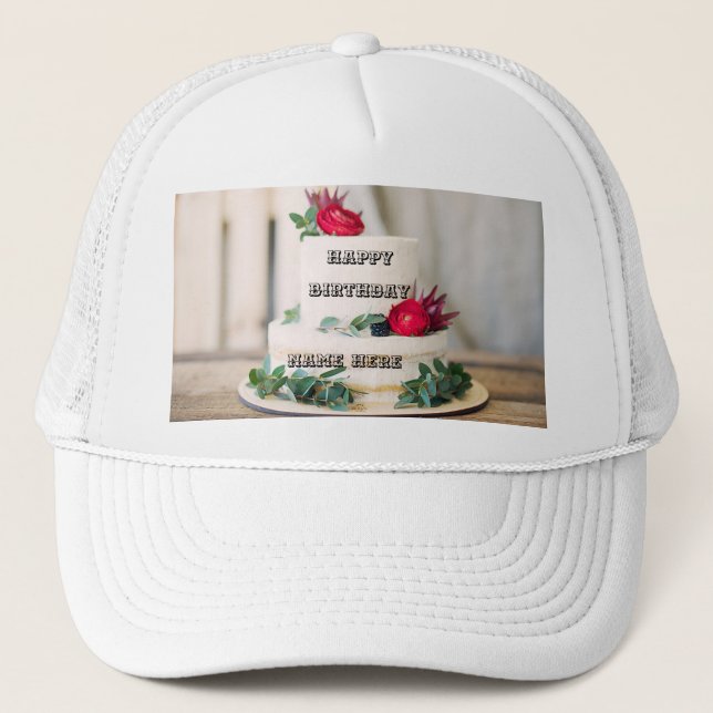 Boné Bolo de Rosa Vermelha Doce com Nome Aqui Feliz Ani (Frente)