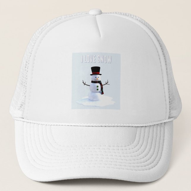 Boné Boneco de neve com chapéu e cachecol. Eu Amo Neve (Frente)