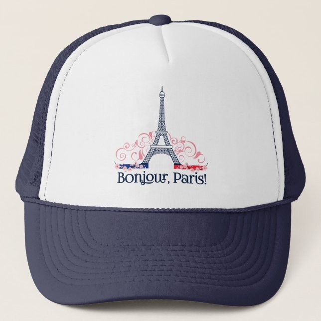 Boné Bonjour Paris com Torre Eiffel e Detalhes Florais (Frente)