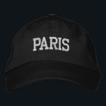 Boné Bordado branco PARIS em preto<br><div class="desc">Chapéu de Algodão Preto Bordado Branco PARIS. Faz um presente maravilhoso para quem ama Paris France! Se preferir ter o seu texto pessoal, selecione simplesmente o botão "Personalizar este modelo" para introduzir o texto personalizado. O bordado também é personalizável para outras opções de cores selecionando o botão da ferramenta "Editar...</div>