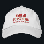 Boné Bordado Nome do jogador da Equipe de Esporte Personalizado<br><div class="desc">Ofereça suporte à sua equipe de softball ou jogador favorito com este boné SUPER FAN. Adicione o seu segundo grau, juventude, clube, equipe universitária ou nome do jogador para criar um chapéu único. (Você também pode mudar isso para qualquer outro esporte.) Altere facilmente o texto e a cor para corresponder...</div>