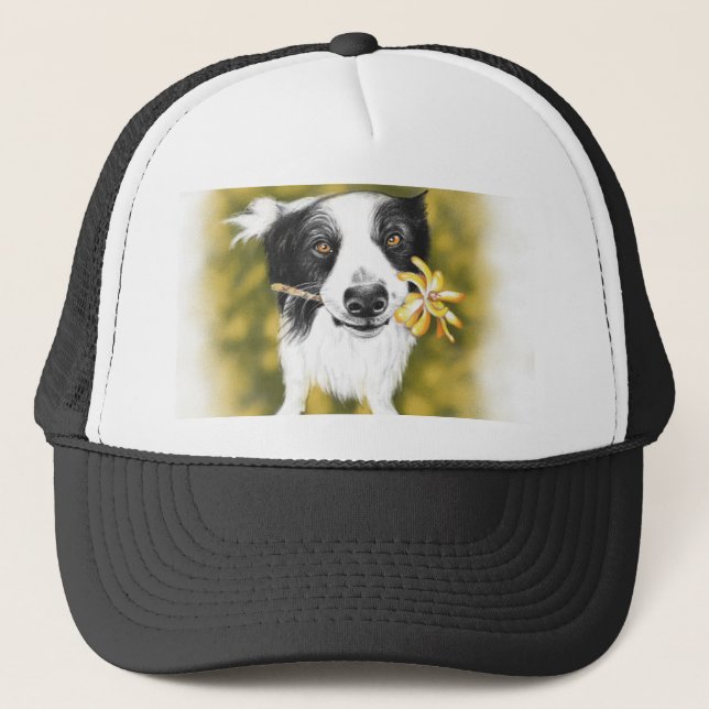 Boné Border collie bonito e flores (Frente)