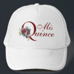 Boné Borgonha e Azul Floral Mis Quince Aniversário<br><div class="desc">Celebre sua Quinceanera em estilo com esta design floral feminina com o texto "Mis Quince" embelezado com um buquê de flores aquáticas em burgundy e azul. Outros produtos correspondentes estão disponíveis neste design.</div>