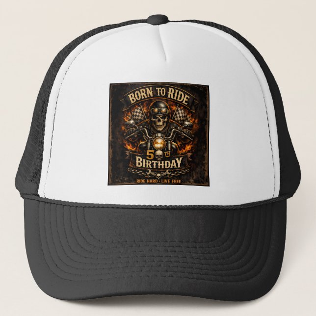 Boné Born to Ride 50th Birthday Biker Skull Card (Frente)