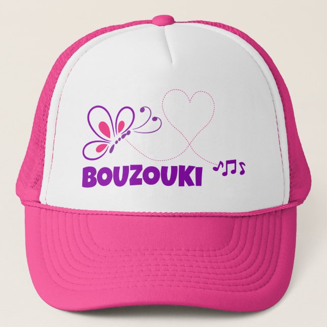 Boné Bouzouki do Amor Rosa Borboleta Coração Roxo (Frente)