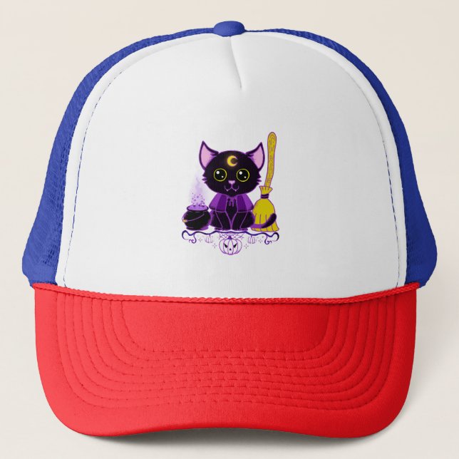 Boné Bruxa de Gato Preto de Halloween Fofo (Frente)
