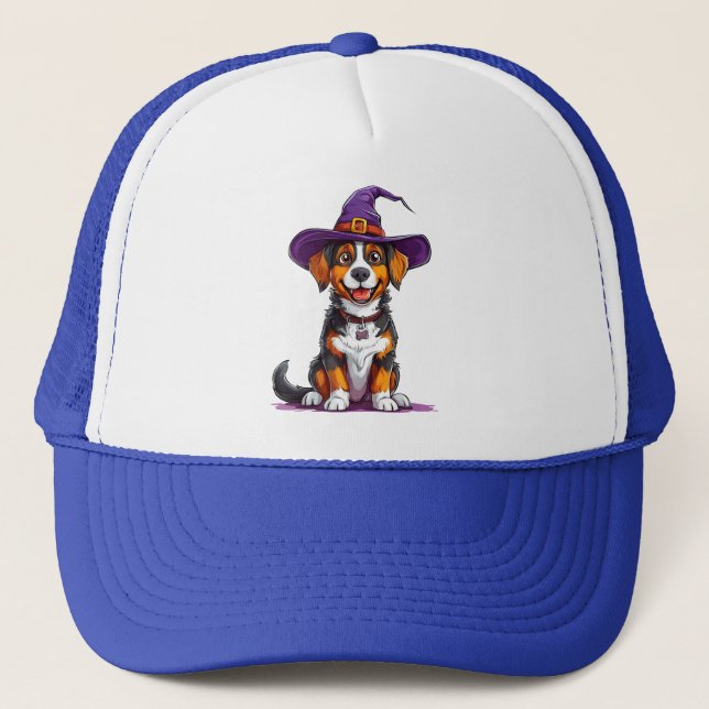 Boné Cachorro Alegre Usando um Chapéu de Bruxa (Frente)