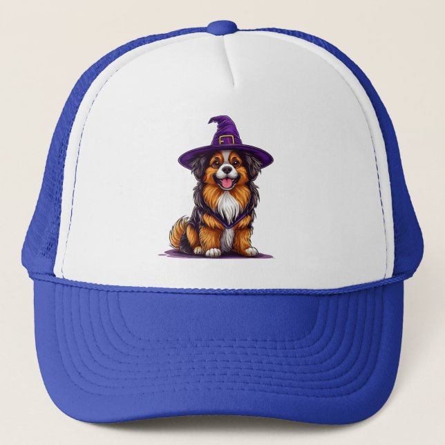 Boné Cachorro Alegre Usando um Chapéu de Bruxa (Frente)