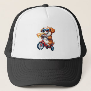 Boné cachorro andando de bicicleta comendo pizza