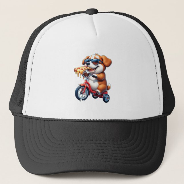 Boné cachorro andando de bicicleta comendo pizza (Frente)