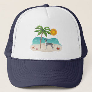 Boné Cachorro Iggy Azul e Branco em uma Praia Tropical