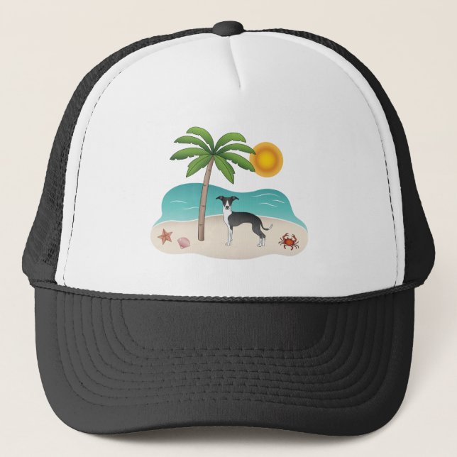 Boné Cachorro Iggy Preto e Branco na Praia Tropical de  (Frente)