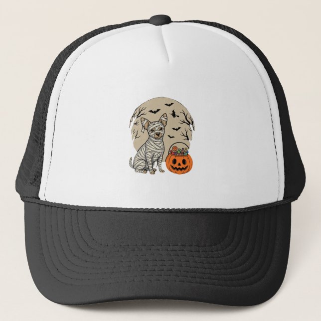 Boné Cachorro Múmia de Halloween e Doces de Abóbora (Frente)