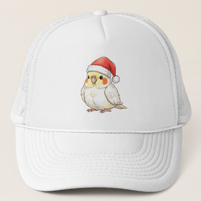 Boné Calopsita de Natal Usando Chapéu de Papai Noel (Frente)