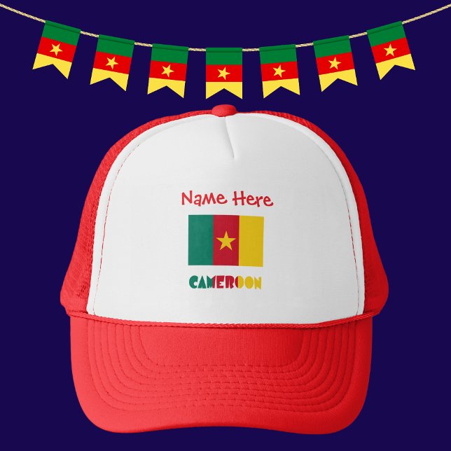 Boné Camarões Bandeira Camarões Personalização Vermelha (Personalized trucker hat with the CAMEROON an flag and the word CAMEROON below.)