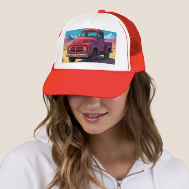 Boné Caminhonete Americana Clássica (Retro Red Pickup Truck Desert Hat – Vintage 50s Trucker Cap Southwest Mens Women's Unisex Gift
)