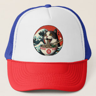 Boné Camiseta Estilo Vintage de Arte Japonês Cat Ramen