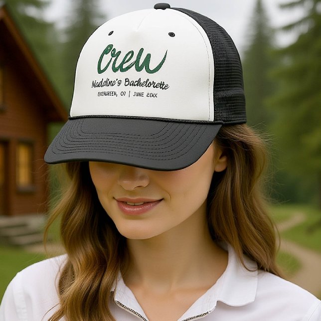 Boné Camp Bachelorette Crew Mão Desenhada Escrevendo Ve (camp bachelorette bridesmaid trucker hat handwriting hand written camping glamping hiking bach)