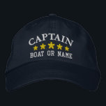 Boné Capitão Náutico Nome do Barco Dourado Estrelas Mar<br><div class="desc">Veleja em estilo com um bordado personalizado que apresente sua classificação de Capitão ou outro título desejado junto com seu Nome ou Nome do Barco e cinco estrelas de ouro. Várias cores de boné e thread a serem escolhidas. Faz um presente personalizado de excelente para Dia de os pais, aniversários...</div>
