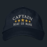 Boné Capitão Náutico Nome do Barco Dourado Estrelas Mar<br><div class="desc">Veleja em estilo com um bordado personalizado que apresente sua classificação de Capitão ou outro título desejado junto com seu Nome ou Nome do Barco e cinco estrelas de ouro. Várias cores de boné e thread a serem escolhidas. Faz um presente personalizado de excelente para Dia de os pais, aniversários...</div>