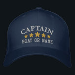 Boné Capitão Náutico Nome do Barco Marinho Blue Dourada<br><div class="desc">Veleja em estilo com um bordado personalizado que apresente sua classificação de Capitão ou outro título desejado junto com seu Nome ou Nome do Barco em prata e cinco estrelas de ouro. Várias cores de boné e thread a serem escolhidas. Faz um presente personalizado de excelente para Dia de os...</div>