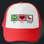 Boné Cardinhos do Peace Love<br><div class="desc">Um bonito presente cardeal com um sinal de paz, coração e belo pássaro vermelho. Um presente de passarinho fofo para um observador de pássaros que ama belos pássaros assistindo e colecionando presentes legal. Cardeais de Paz e Amor.</div>