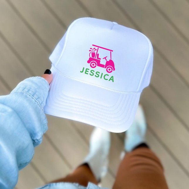 Boné Carrinho de Golfe Personalizado Rosa (Pink Personalized Golf Cart Trucker Hat)