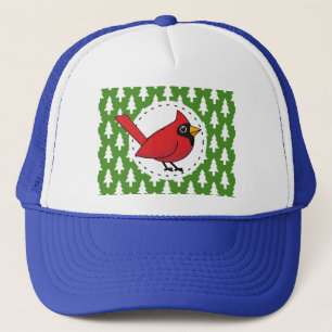 Boné Cartoon Red Cardinal sobre Pinheiros Brancos Verde