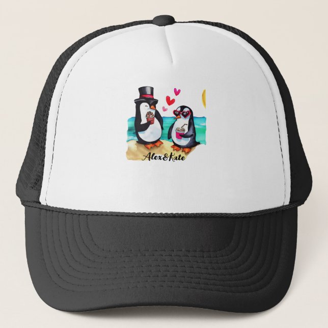 Boné Casal de Pinguins Engraçados, Animais Apaixonados (Frente)