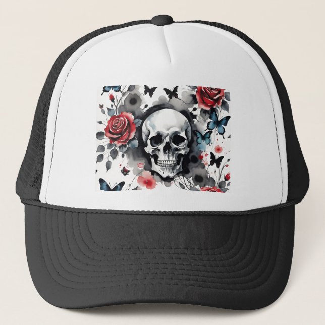 Boné Caveira e Rosas e Borboletas Aquarela (Frente)