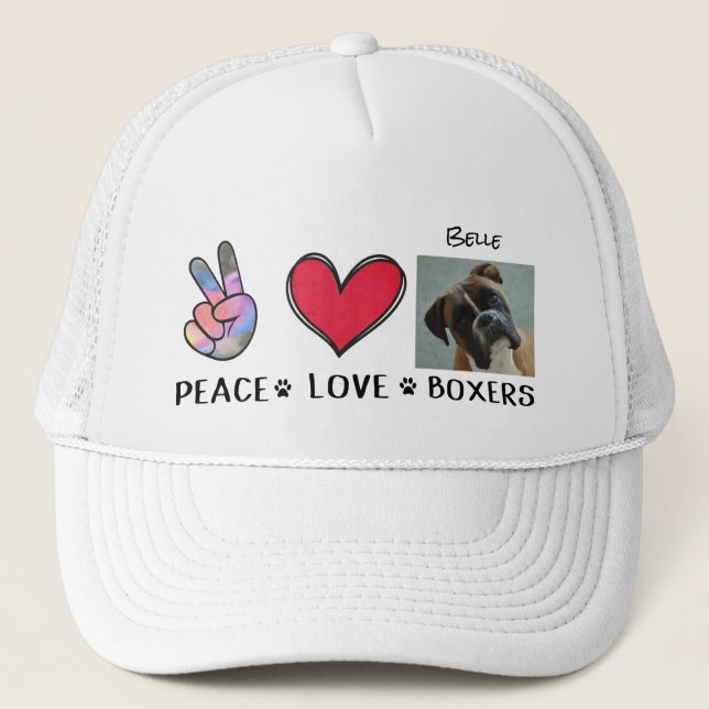 Boné Chapéu de Boxer Paz Amor Amantes de Cães (Frente)