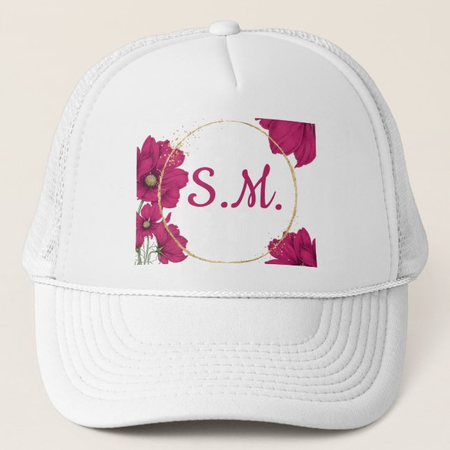 Boné Chapéu de Círculo Dourado com Flores Rosa (Frente)