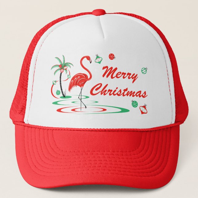 Boné Chapéu de Natal de Flamingo Vermelho Feliz Natal (Frente)